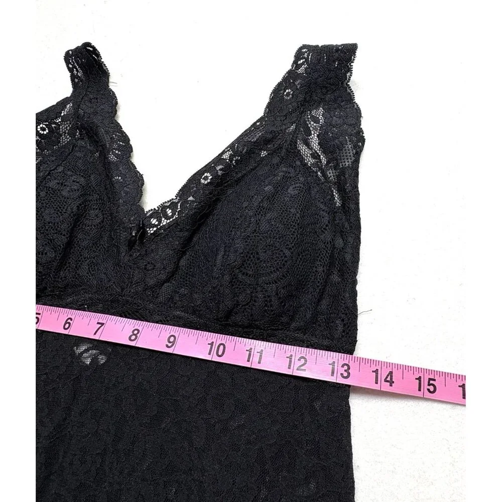 Vtg ARIANNE Women Long Line V Neck Pad Bra Maxi Chemise Sz M Black Lace‎ 76-5